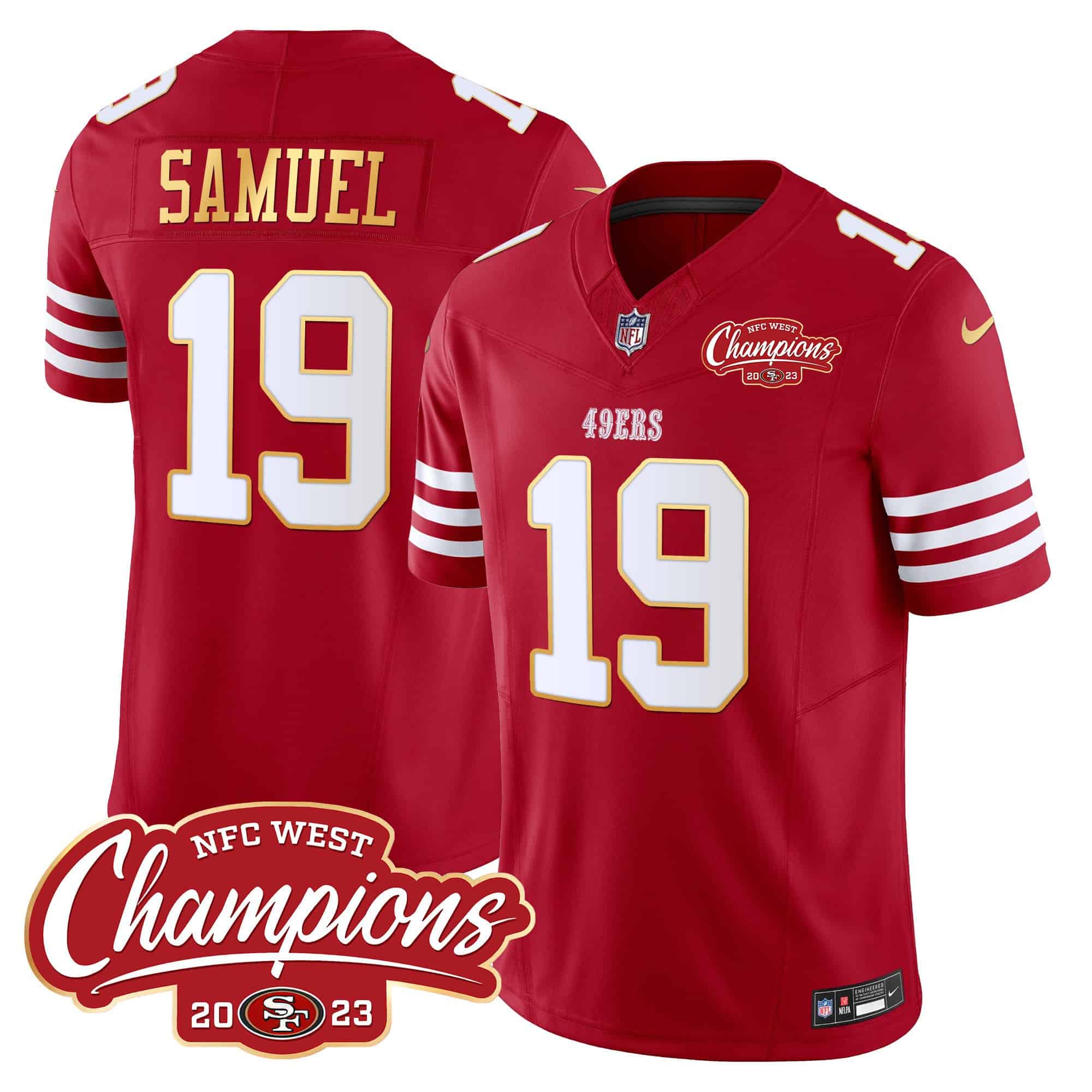 Men’s 49ers NFC West Champions Gold Trim Vapor Jersey – All Stitched – Red – Deebo Samuel