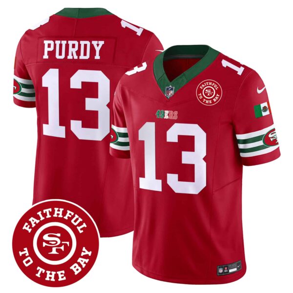 Men’s 49ers Mexico Faithful To The Bay Patch Vapor Jersey – All Stitched – Red – Brock Purdy