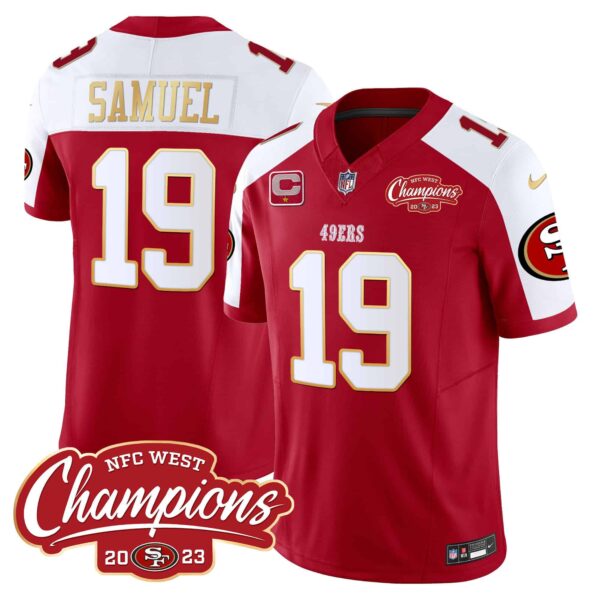 Men’s 49ers NFC West Champions Gold Trim Vapor Jersey – All Stitched – Red Alternate – Deebo Samuel