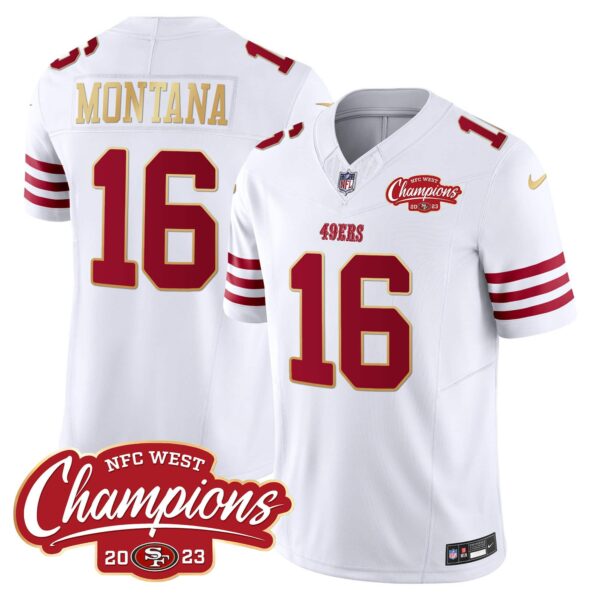 Men’s 49ers NFC West Champions Gold Trim Vapor Jersey – All Stitched – White – Joe Montana