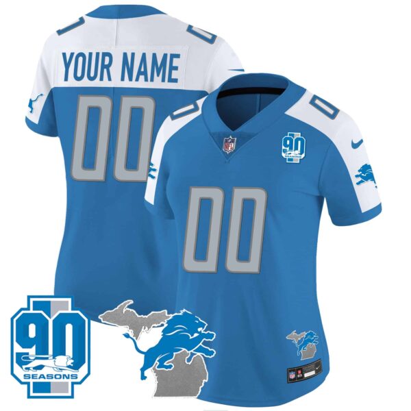 Detroit Lions 90th Year & Michigan Patch Custom Vapor Jersey – All Stitched – Women – Blue Alternate