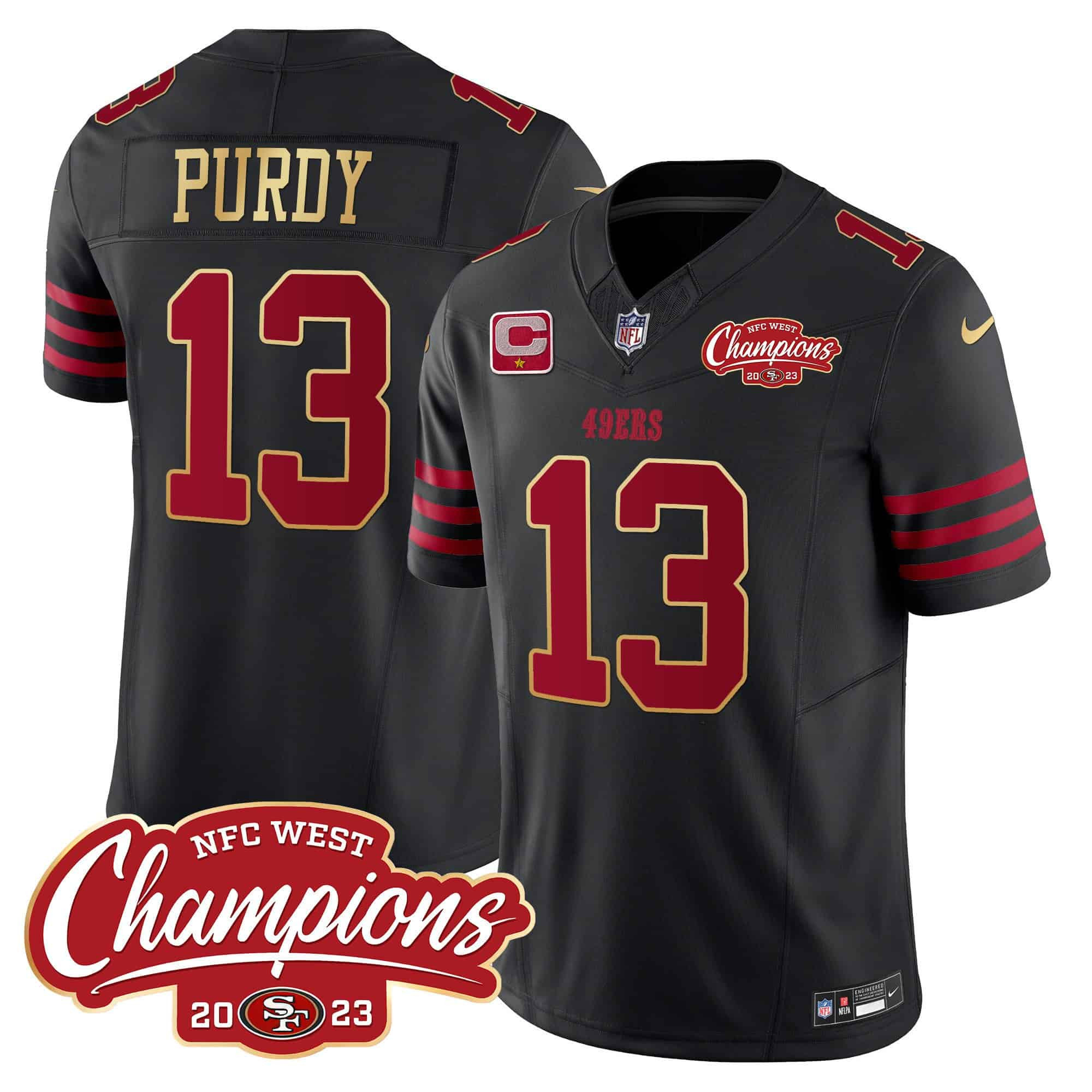 Men’s 49ers NFC West Champions Gold Trim Vapor Jersey – All Stitched – Black – Brock Purdy