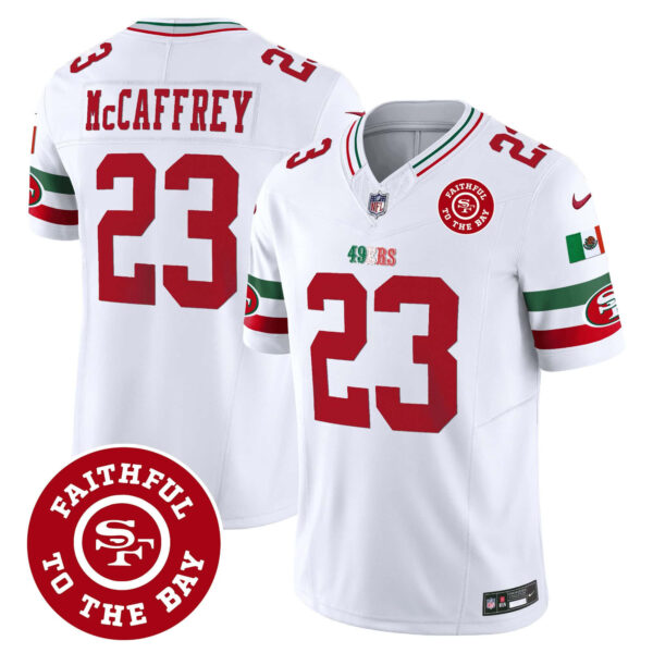 Men’s 49ers Mexico Faithful To The Bay Patch Vapor Jersey – All Stitched – White – Christian McCaffrey