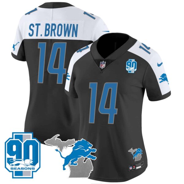 Women’s Detroit Lions 90th Year & Michigan Patch Vapor Jersey – All Stitched – Black Alternate – St. Brown
