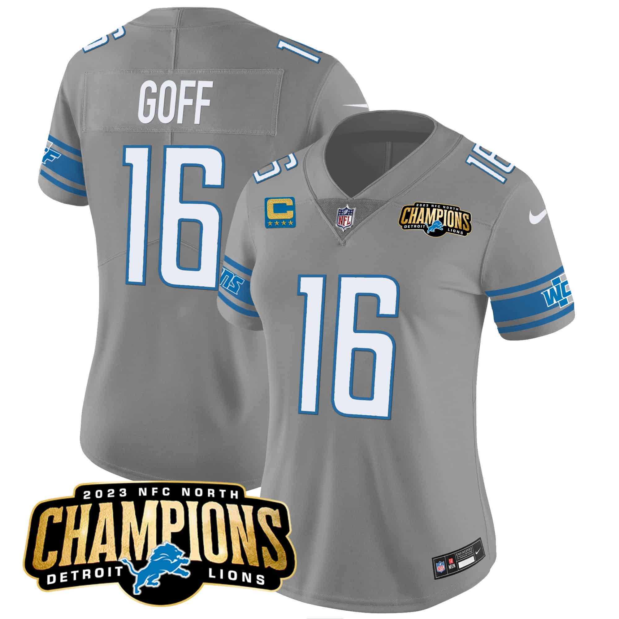 Women’s Detroit Lions 2023 NFC North Champions Patch Vapor Jersey – All Stitched – Gray – Jared Goff