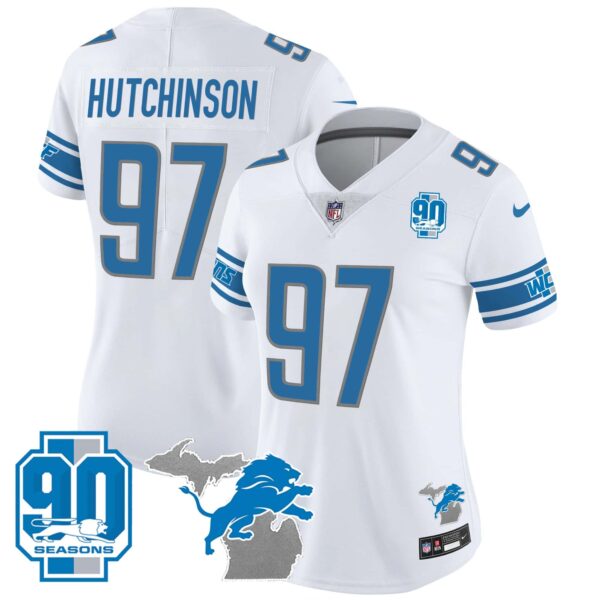 Women’s Detroit Lions 90th Year & Michigan Patch Vapor Jersey – All Stitched – White – Hutchinson