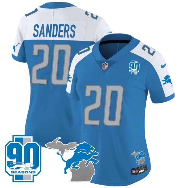 Women’s Detroit Lions 90th Year & Michigan Patch Vapor Jersey – All Stitched – Blue Alternate – Barry Sanders