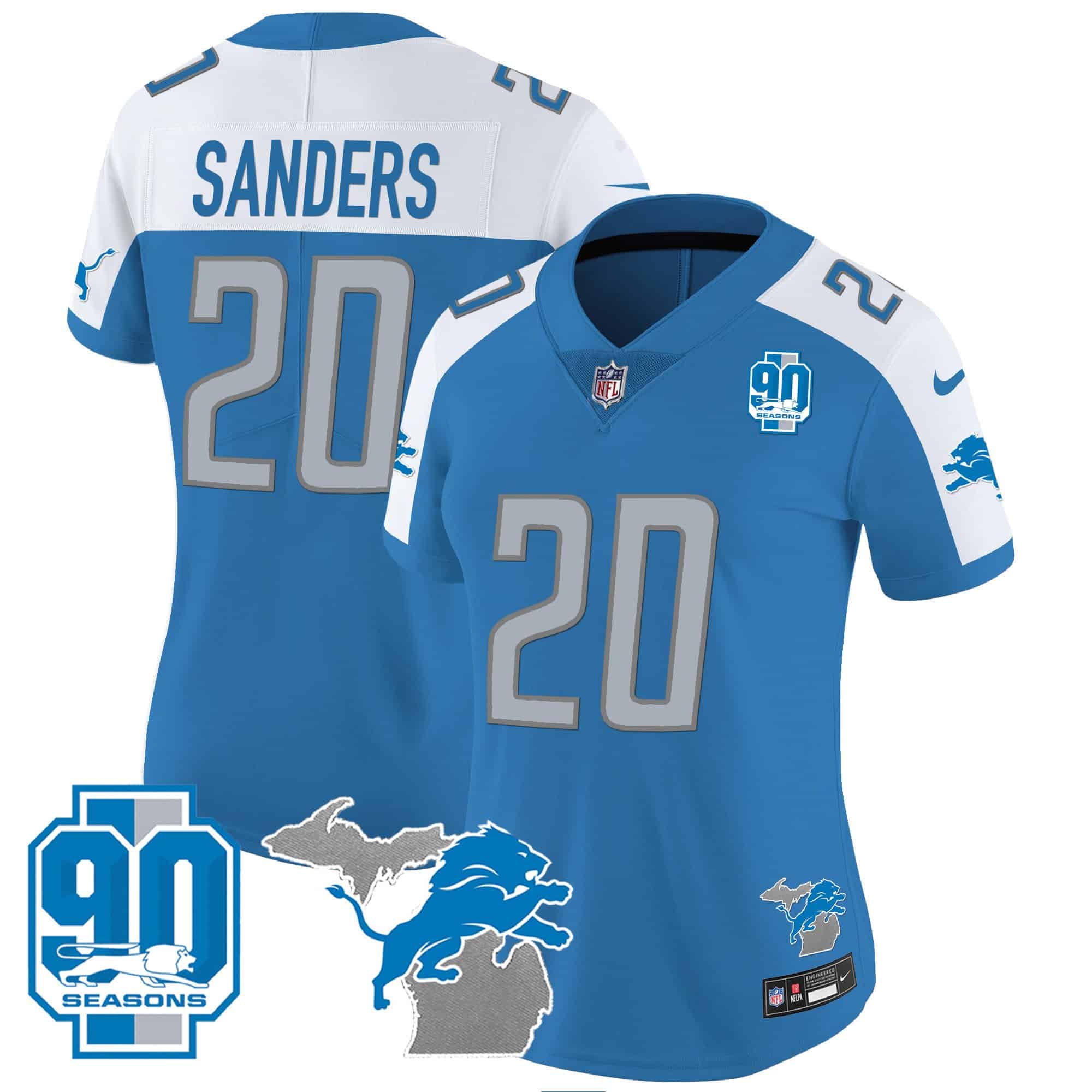Women’s Detroit Lions 90th Year & Michigan Patch Vapor Jersey – All Stitched – Blue Alternate – Barry Sanders