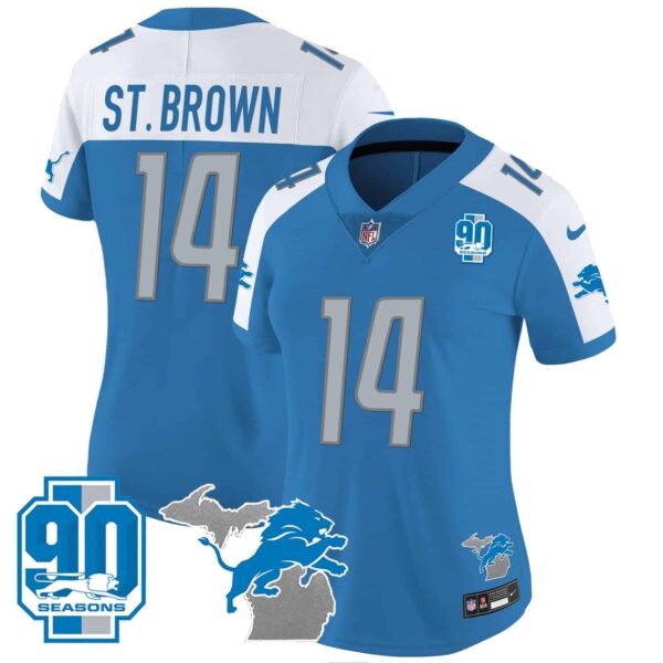 Women’s Detroit Lions 90th Year & Michigan Patch Vapor Jersey – All Stitched – Blue Alternate – St. Brown