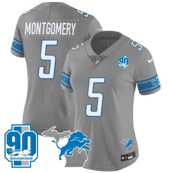 Women’s Detroit Lions 90th Year & Michigan Patch Vapor Jersey – All Stitched – Gray – David Montgomery
