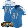 Women’s Detroit Lions 2023 NFC North Champions Patch Vapor Jersey – All Stitched – Blue Alternate – Sam Laporta