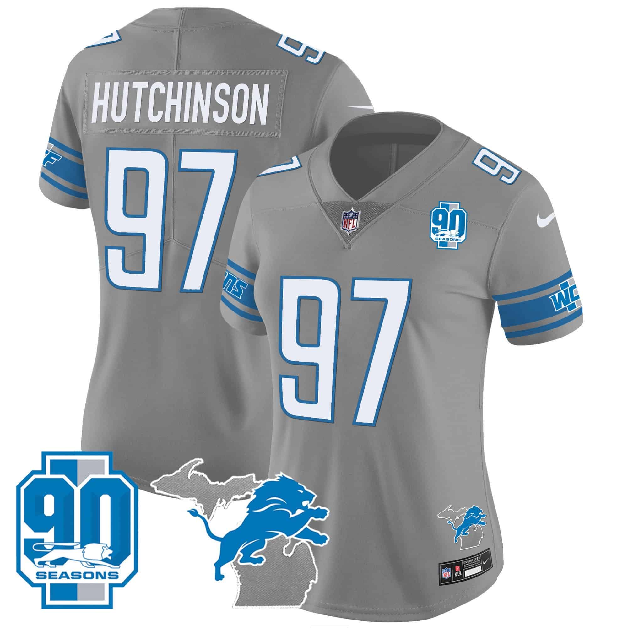 Women’s Detroit Lions 90th Year & Michigan Patch Vapor Jersey – All Stitched – Gray – Hutchinson