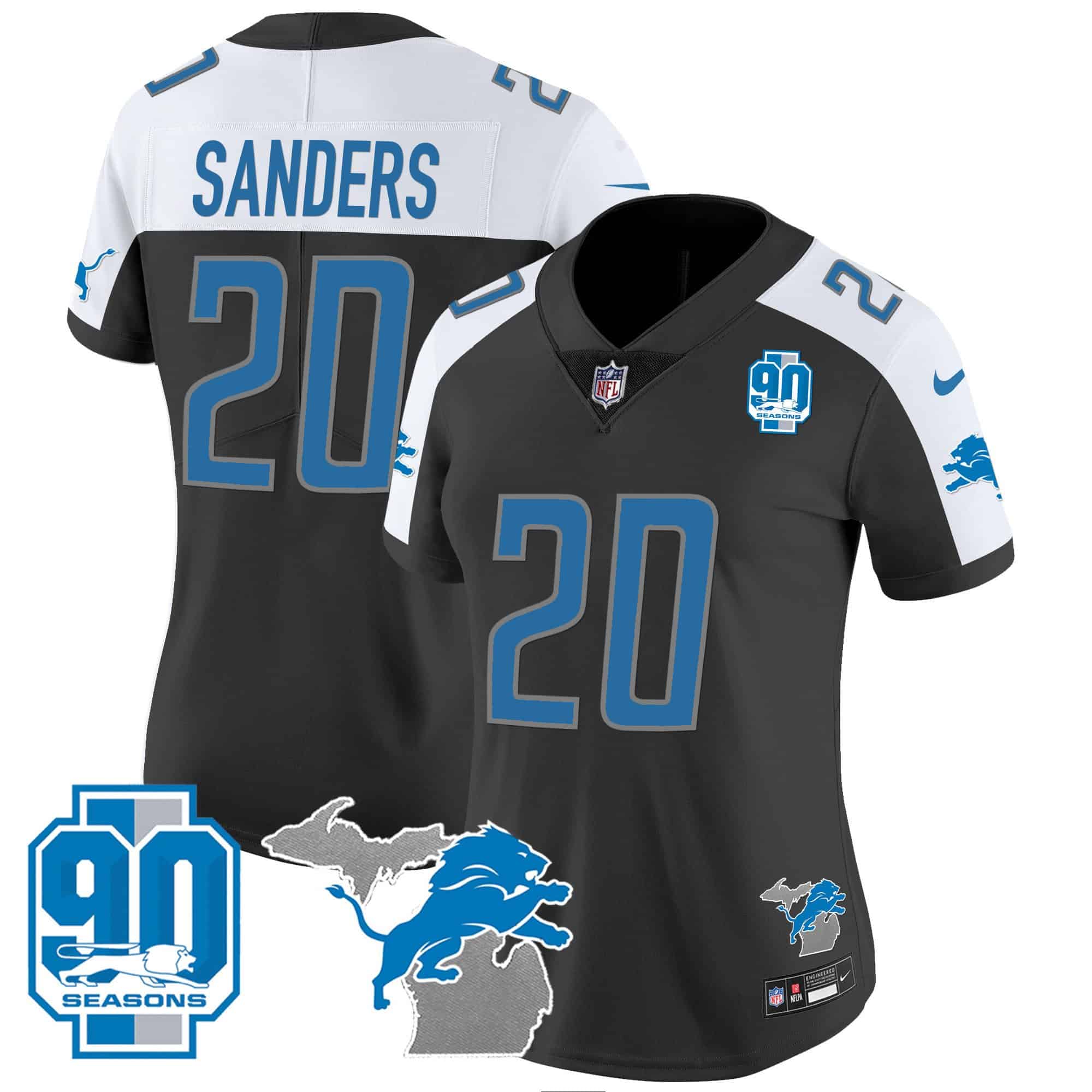 Women’s Detroit Lions 90th Year & Michigan Patch Vapor Jersey – All Stitched – Black Alternate – Barry Sanders