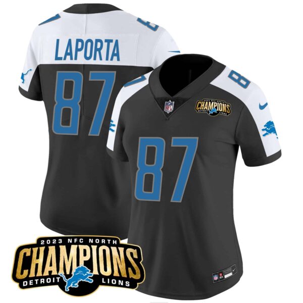 Women’s Detroit Lions 2023 NFC North Champions Patch Vapor Jersey – All Stitched – Black Alternate – Sam Laporta