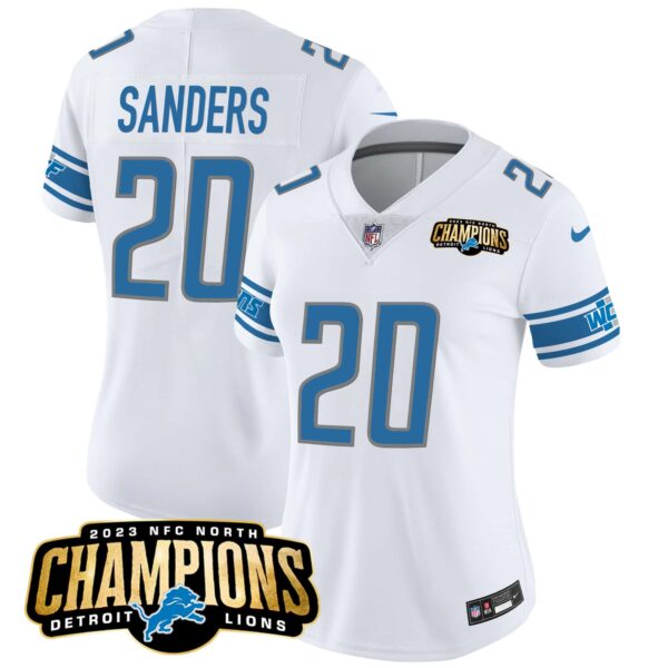 Women’s Detroit Lions 2023 NFC North Champions Patch Vapor Jersey – All Stitched – White – Barry Sanders