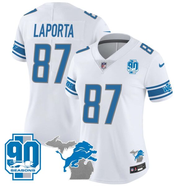 Women’s Detroit Lions 90th Year & Michigan Patch Vapor Jersey – All Stitched – White – Sam Laporta