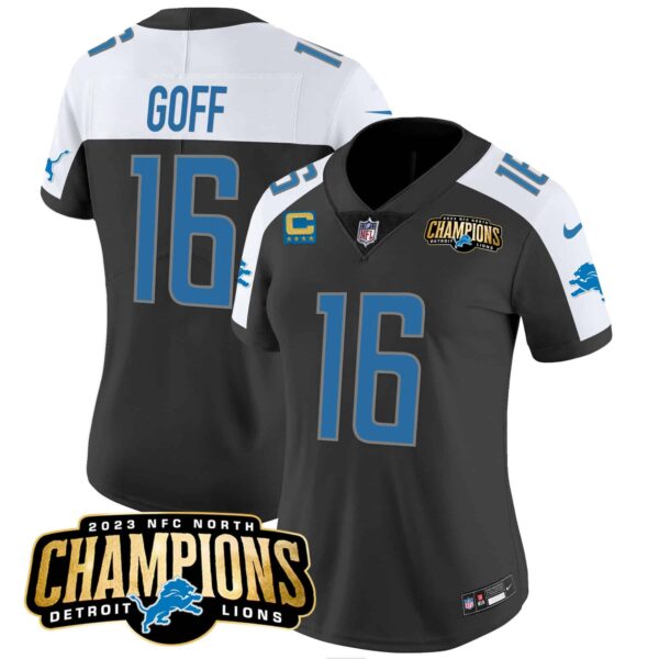 Women’s Detroit Lions 2023 NFC North Champions Patch Vapor Jersey – All Stitched – Black Alternate – Jared Goff