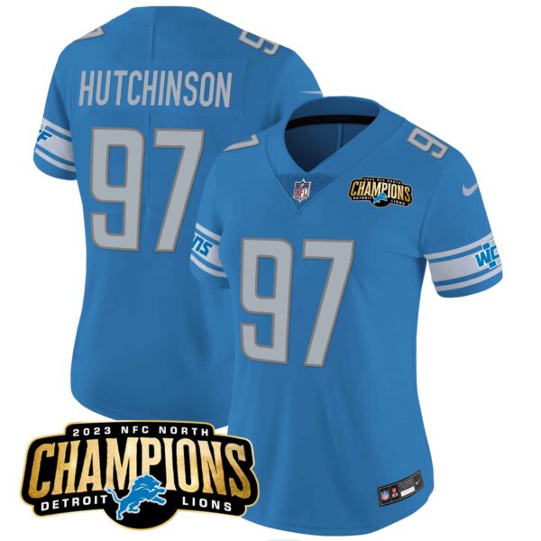 Women’s Detroit Lions 2023 NFC North Champions Patch Vapor Jersey – All Stitched – Blue – Hutchinson