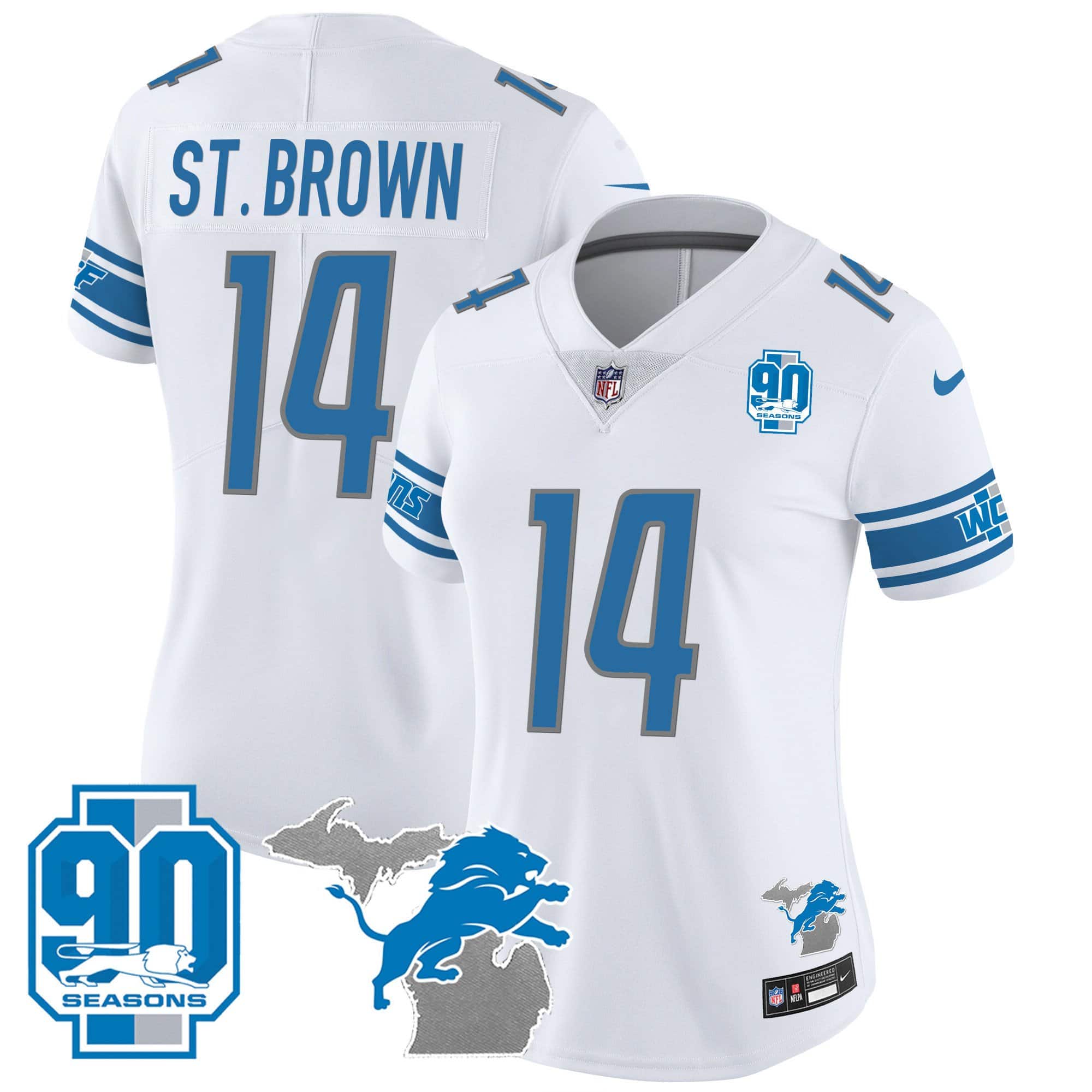 Women’s Detroit Lions 90th Year & Michigan Patch Vapor Jersey – All Stitched – White – St. Brown