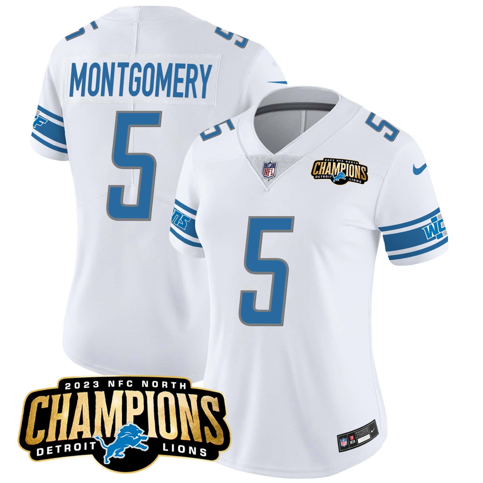 Women’s Detroit Lions 2023 NFC North Champions Patch Vapor Jersey – All Stitched – White – David Montgomery