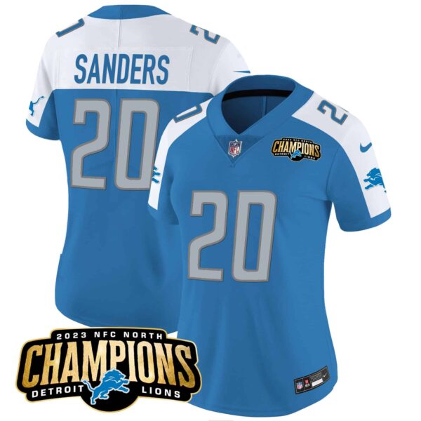 Women’s Detroit Lions 2023 NFC North Champions Patch Vapor Jersey – All Stitched – Blue Alternate – Barry Sanders