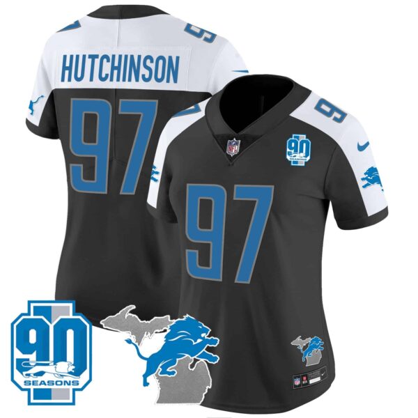 Women’s Detroit Lions 90th Year & Michigan Patch Vapor Jersey – All Stitched – Black Alternate – Hutchinson