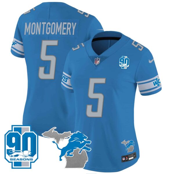 Women’s Detroit Lions 90th Year & Michigan Patch Vapor Jersey – All Stitched – Blue – David Montgomery