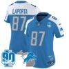 Women’s Detroit Lions 90th Year & Michigan Patch Vapor Jersey – All Stitched – Blue Alternate – Sam Laporta