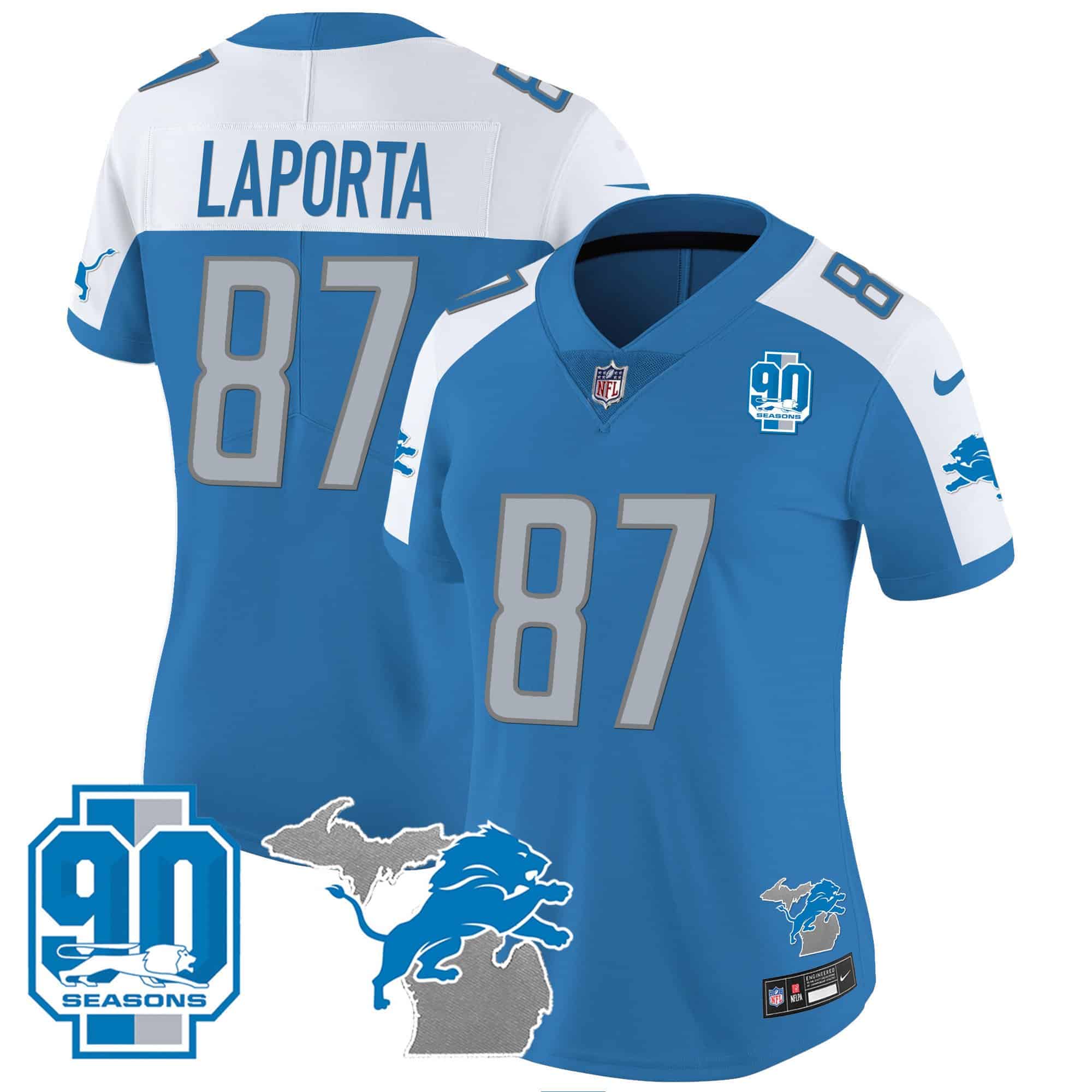 Women’s Detroit Lions 90th Year & Michigan Patch Vapor Jersey – All Stitched – Blue Alternate – Sam Laporta