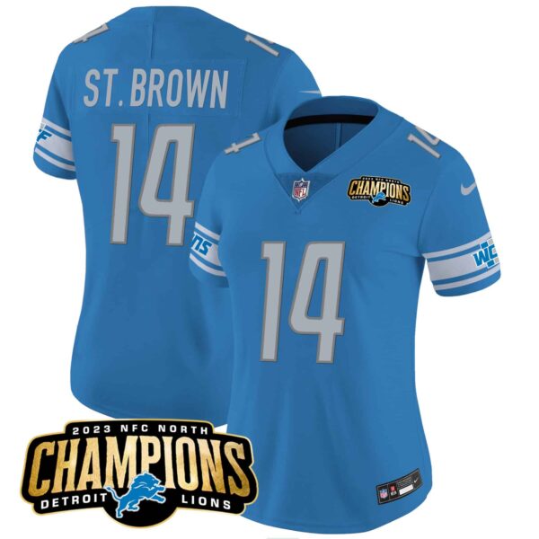 Women’s Detroit Lions 2023 NFC North Champions Patch Vapor Jersey – All Stitched – Blue – St. Brown