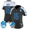 Women’s Detroit Lions 90th Year & Michigan Patch Vapor Jersey – All Stitched – Black Alternate – Jared Goff