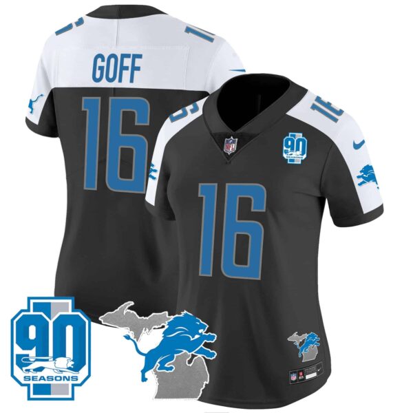 Women’s Detroit Lions 90th Year & Michigan Patch Vapor Jersey – All Stitched – Black Alternate – Jared Goff