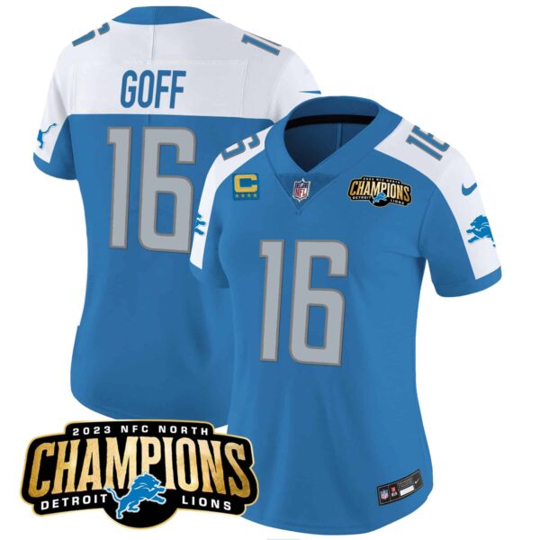 Women’s Detroit Lions 2023 NFC North Champions Patch Vapor Jersey – All Stitched – Blue Alternate – Jared Goff