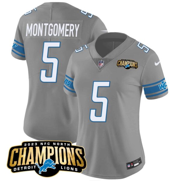 Women’s Detroit Lions 2023 NFC North Champions Patch Vapor Jersey – All Stitched – Gray – David Montgomery