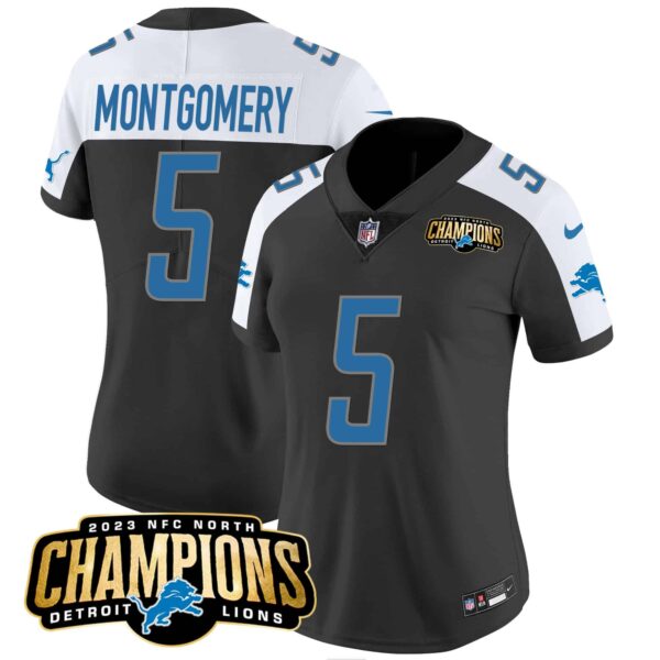 Women’s Detroit Lions 2023 NFC North Champions Patch Vapor Jersey – All Stitched – Black Alternate – David Montgomery
