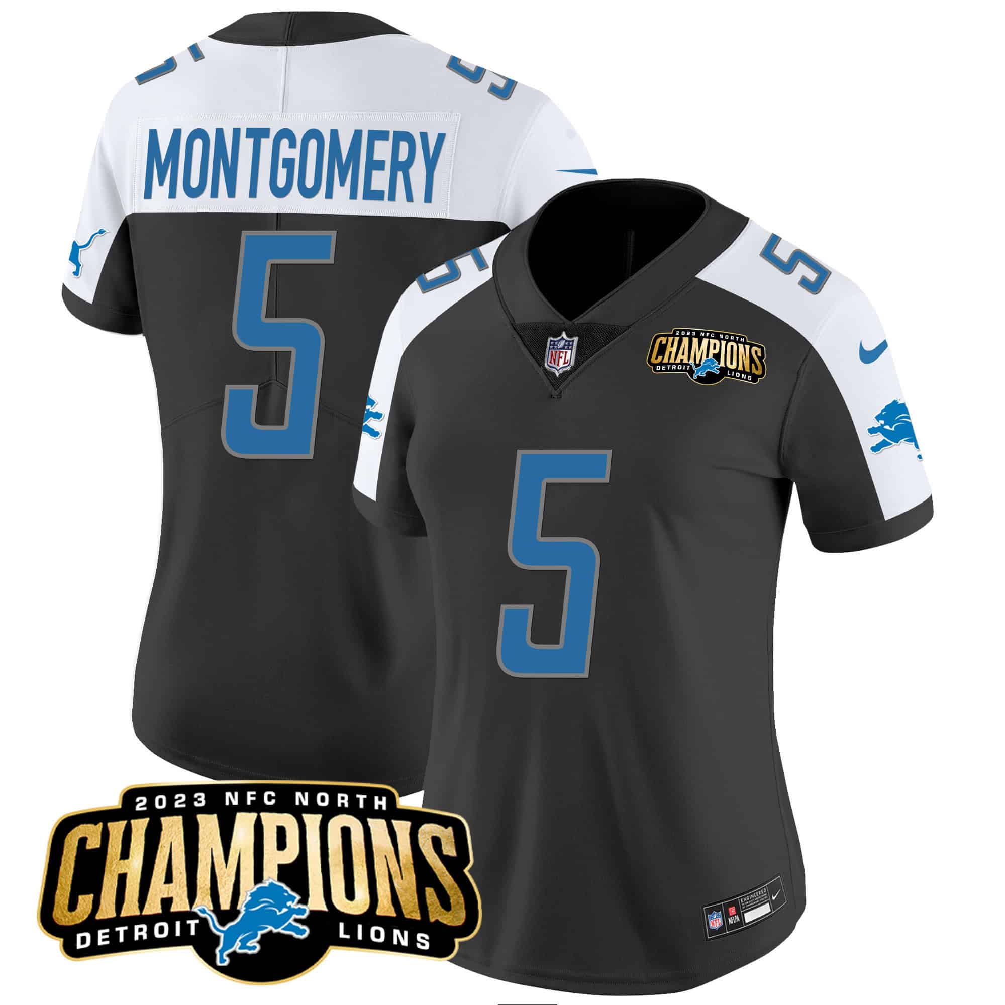 Women’s Detroit Lions 2023 NFC North Champions Patch Vapor Jersey – All Stitched – Black Alternate – David Montgomery