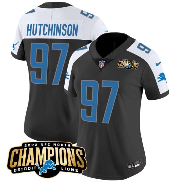 Women’s Detroit Lions 2023 NFC North Champions Patch Vapor Jersey – All Stitched – Black Alternate – Hutchinson