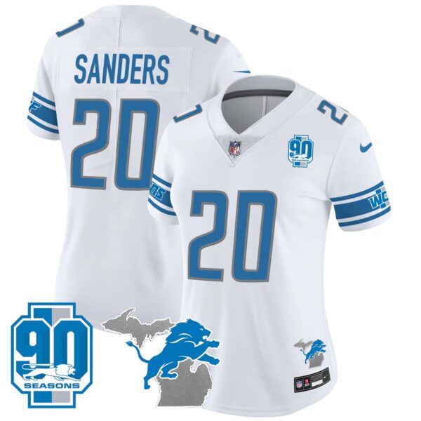 Women’s Detroit Lions 90th Year & Michigan Patch Vapor Jersey – All Stitched – White – Barry Sanders
