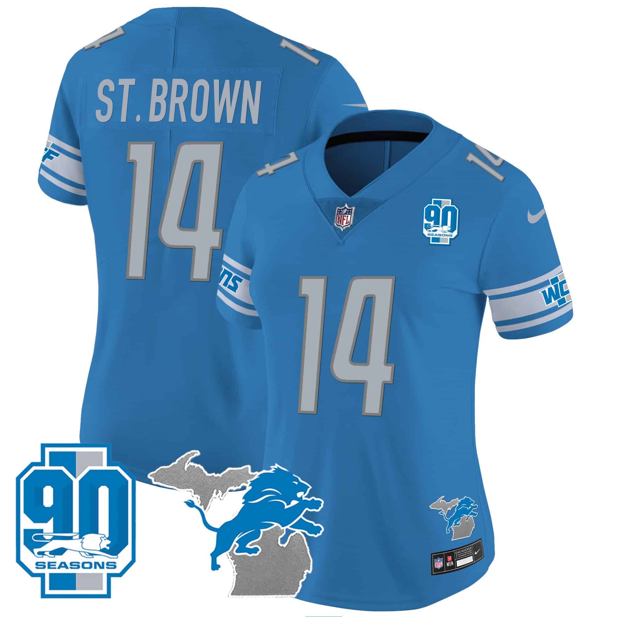 Women’s Detroit Lions 90th Year & Michigan Patch Vapor Jersey – All Stitched – Blue – St. Brown