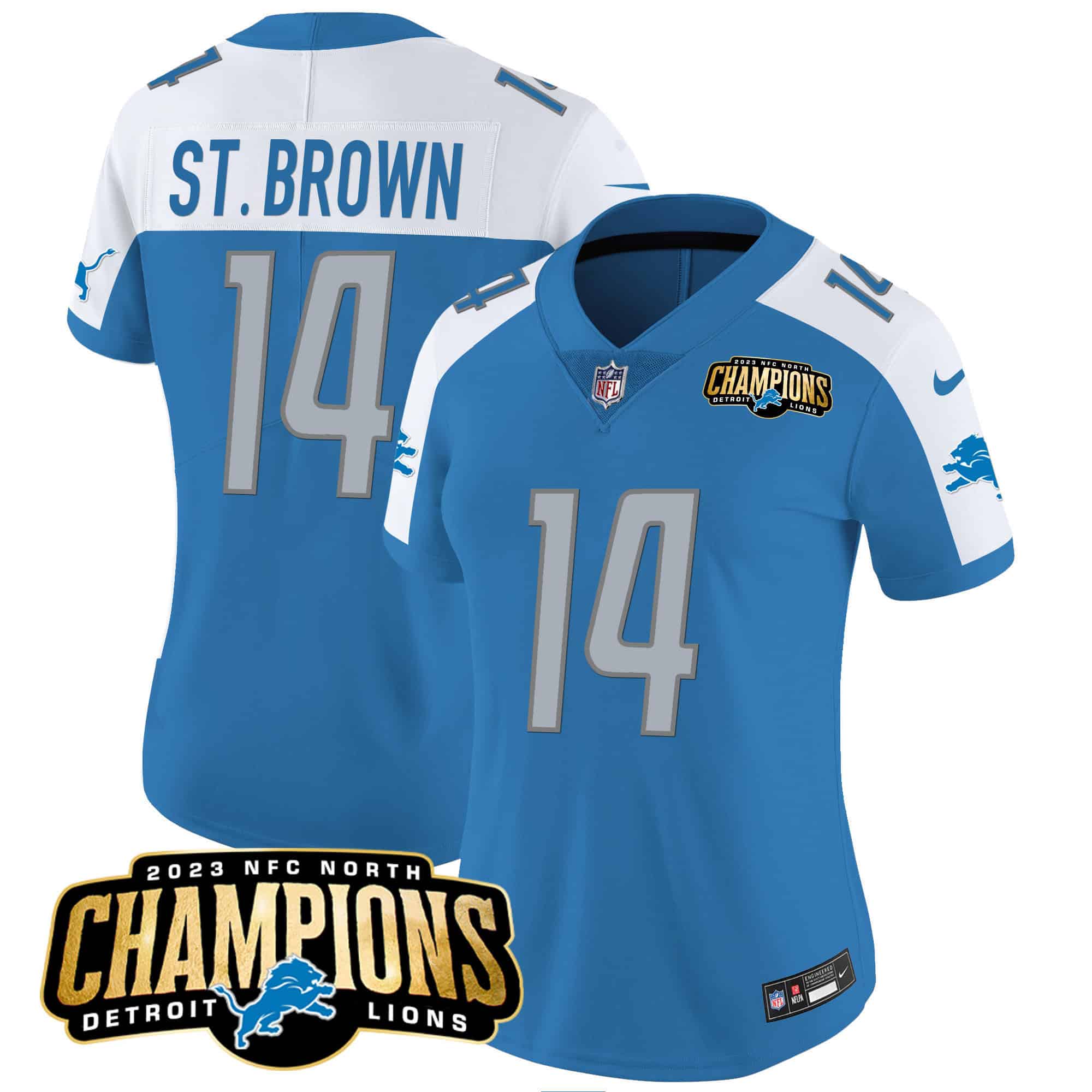 Women’s Detroit Lions 2023 NFC North Champions Patch Vapor Jersey – All Stitched – Blue Alternate – St. Brown