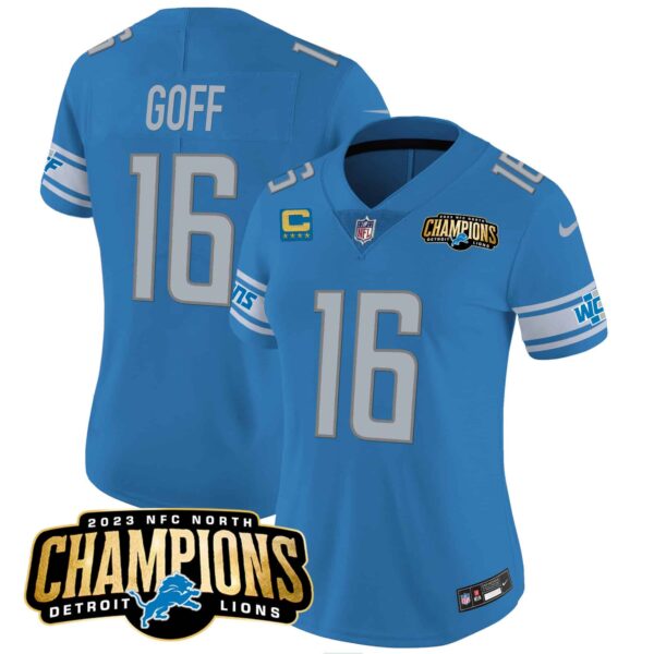 Women’s Detroit Lions 2023 NFC North Champions Patch Vapor Jersey – All Stitched – Blue – Jared Goff