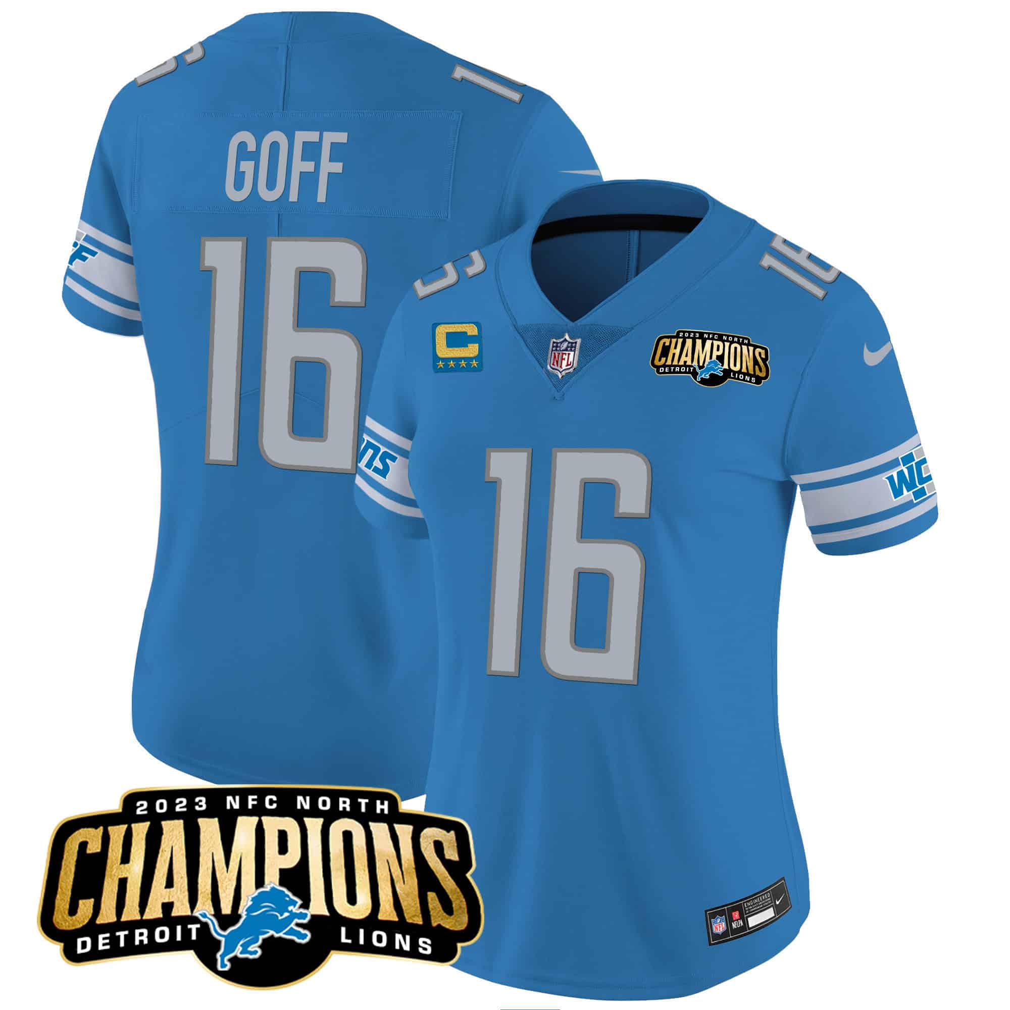 Women’s Detroit Lions 2023 NFC North Champions Patch Vapor Jersey – All Stitched – Blue – Jared Goff