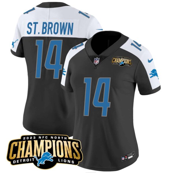 Women’s Detroit Lions 2023 NFC North Champions Patch Vapor Jersey – All Stitched – Black Alternate – St. Brown