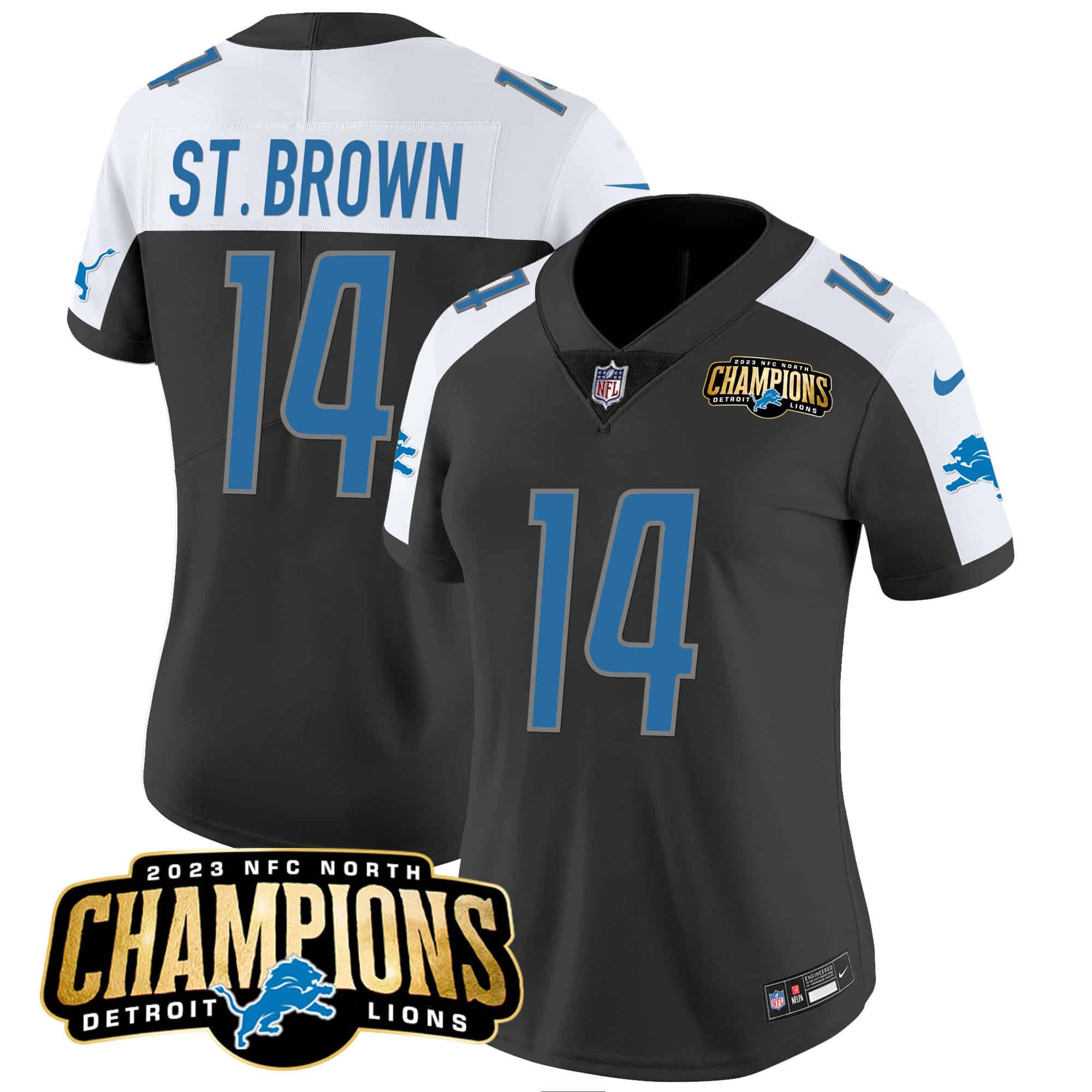 Women’s Detroit Lions 2023 NFC North Champions Patch Vapor Jersey – All Stitched – Black Alternate – St. Brown