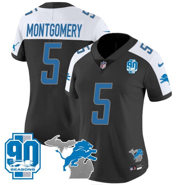 Women’s Detroit Lions 90th Year & Michigan Patch Vapor Jersey – All Stitched – Black Alternate – David Montgomery