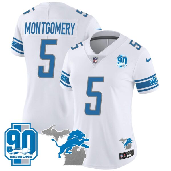 Women’s Detroit Lions 90th Year & Michigan Patch Vapor Jersey – All Stitched – White – David Montgomery