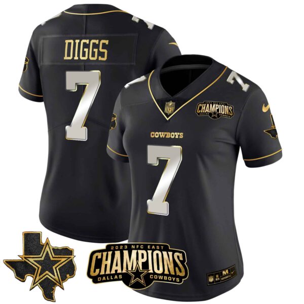 Women’s Cowboys 2023 NFC East Champions Patch Gold Vapor Jersey – All Stitched – Black Limited – Trevon Diggs