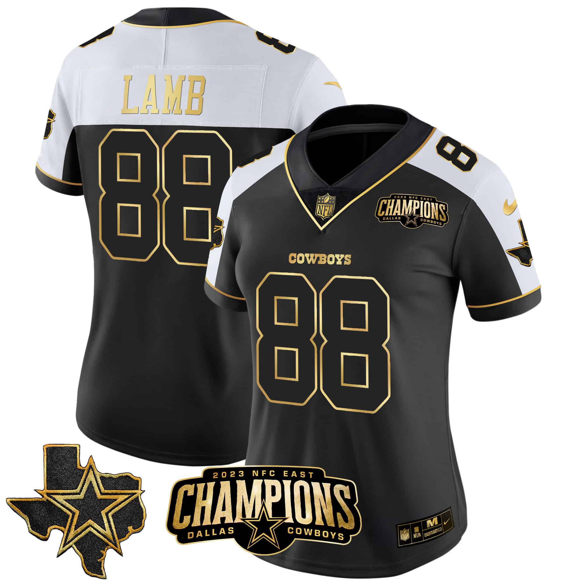 Women’s Cowboys 2023 NFC East Champions Patch Gold Vapor Jersey – All Stitched – Alternate Gold – CeeDee Lamb