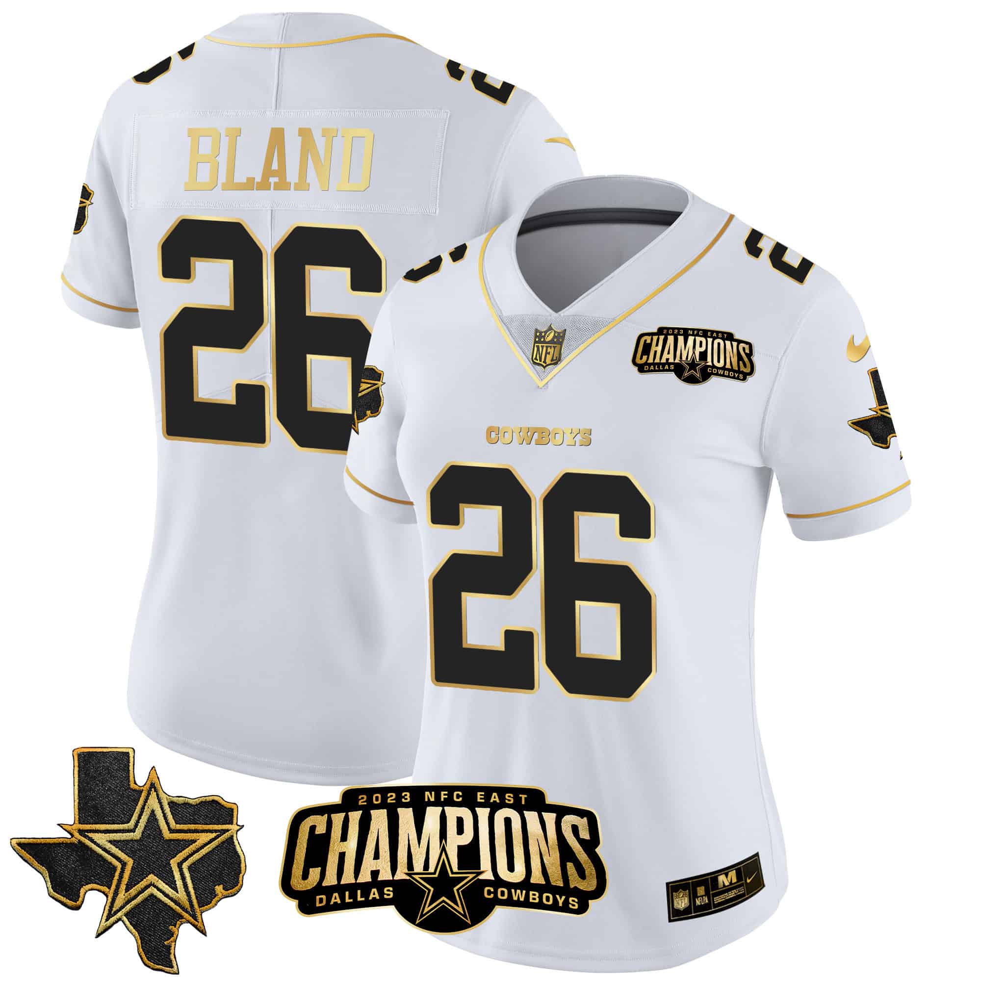 Women’s Cowboys 2023 NFC East Champions Patch Gold Vapor Jersey – All Stitched – White Gold – DaRon Bland