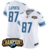 Women’s Detroit Lions 2023 NFC North Champions Patch Vapor Jersey – All Stitched – White – Sam Laporta